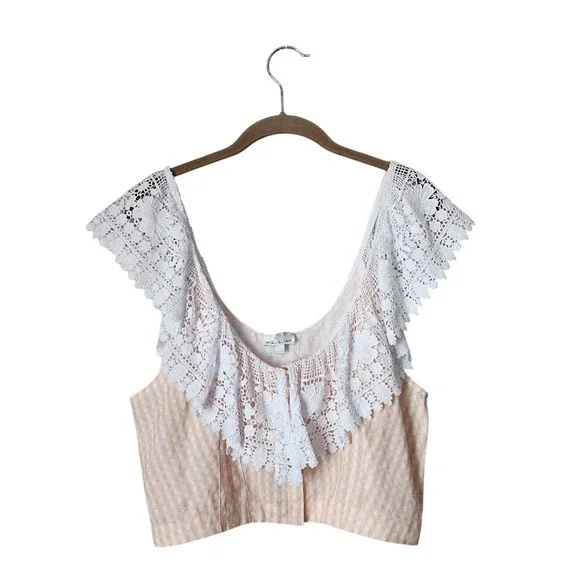 MIGUELINA Lace Gingham Crop Top Boho Coquette Cottagecore L - Picture 2 of 11